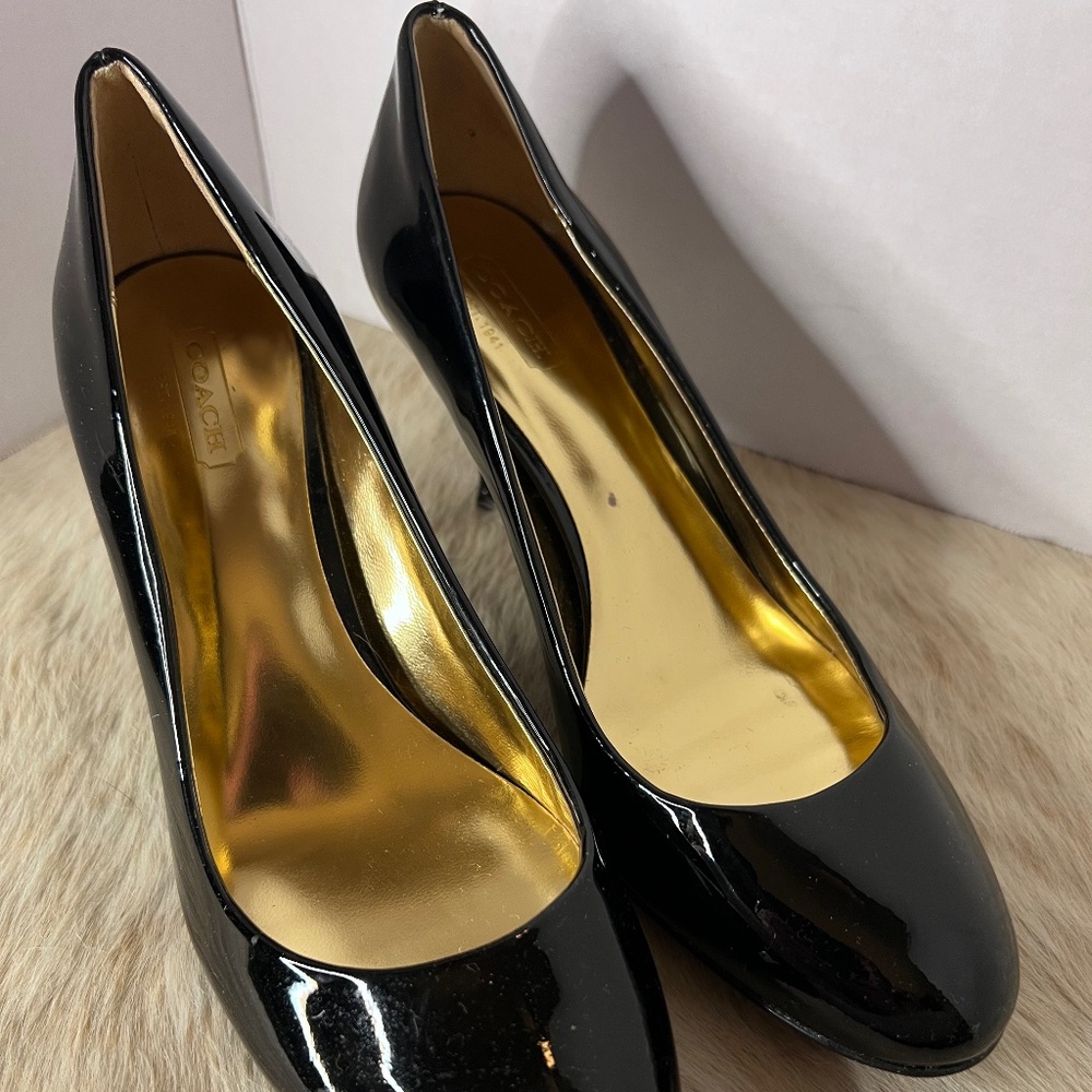 Coach Black Patent Leather Heels with Gold Lining 7.5